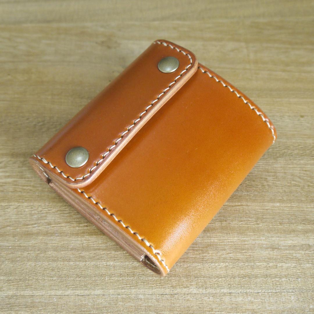 ヌメ革　栃木レザー　サドルレザー　コンパクトウォレット　三つ折　キャメル/生成り