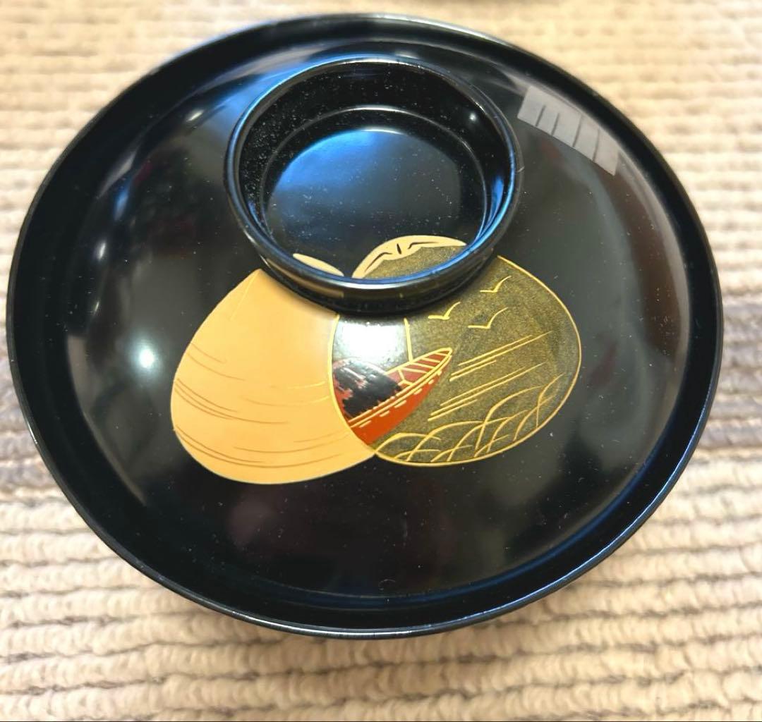 1950年代本塗り　木製　漆器椀 お雑煮碗　5個セット 黒 貝合わせ金色装飾