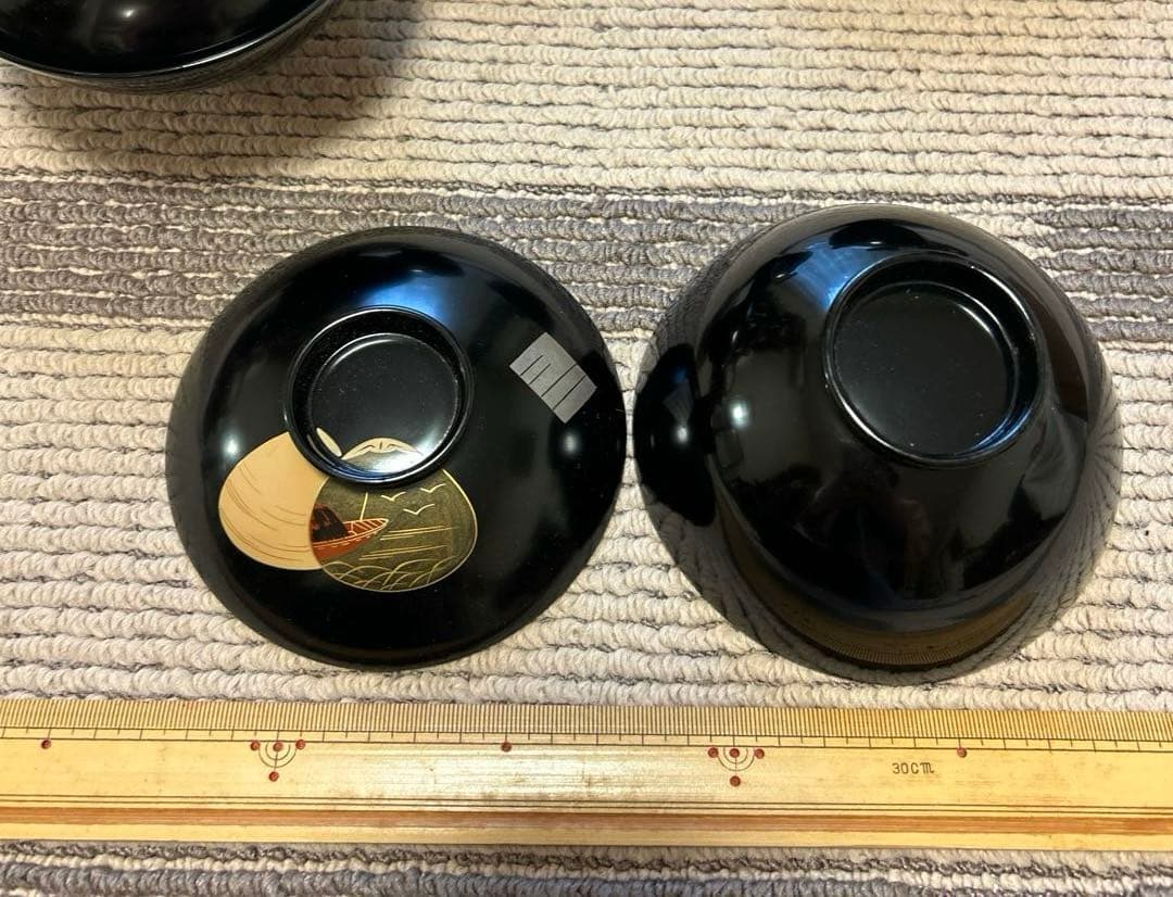 1950年代本塗り　木製　漆器椀 お雑煮碗　5個セット 黒 貝合わせ金色装飾