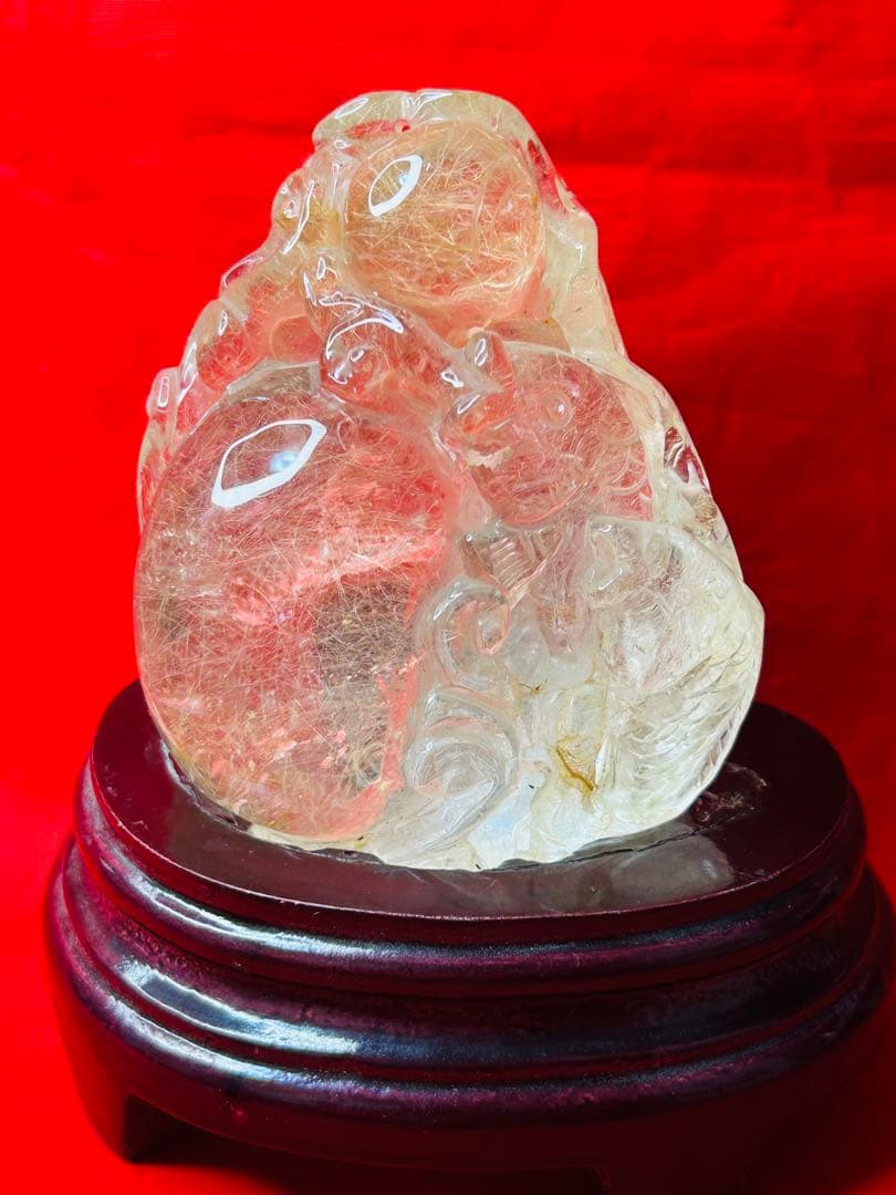 水晶 魚彫刻 約10cm 木製台座付き