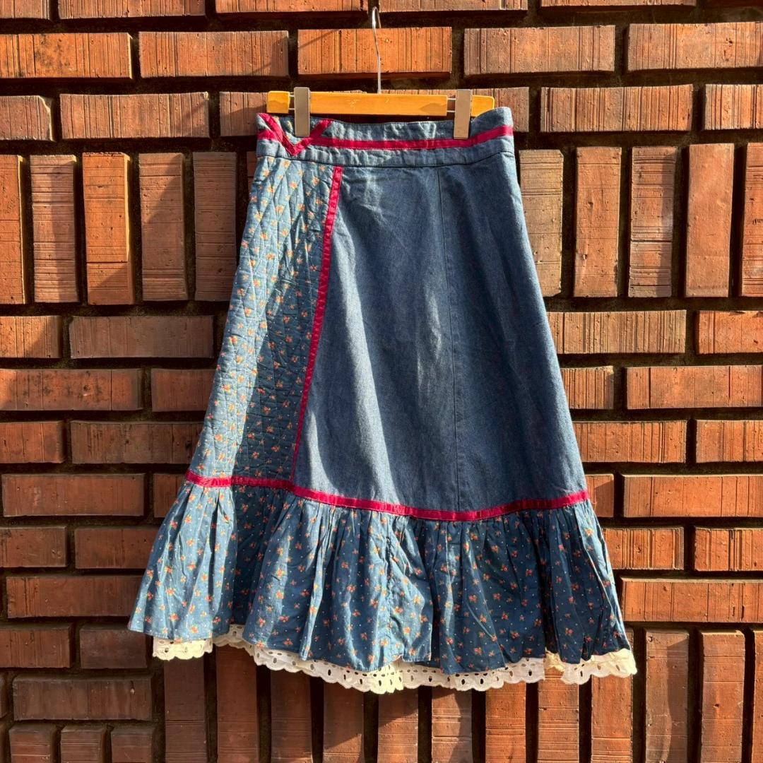 70s vintage gunne sax デニム×キルト スカート　Q267