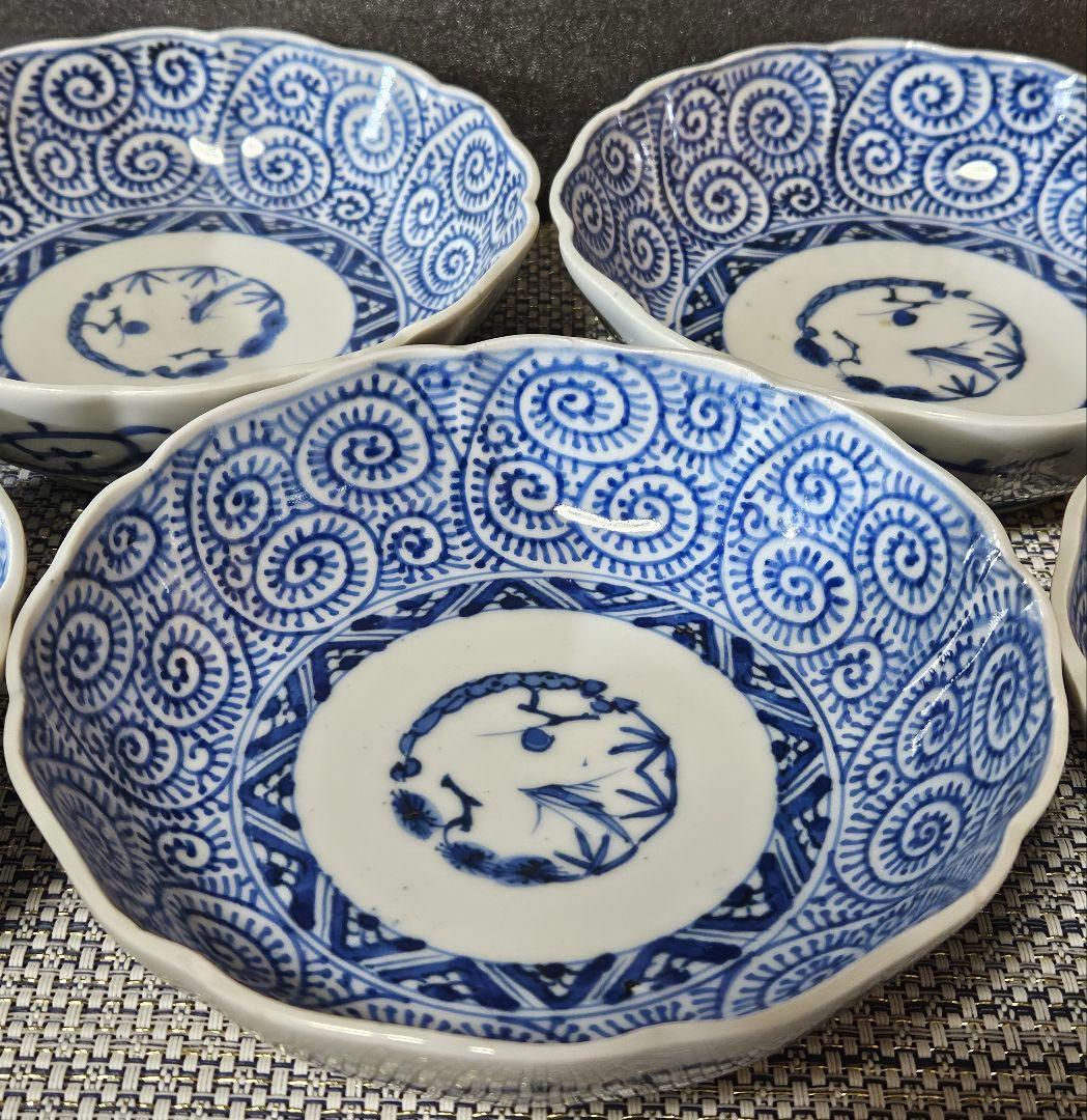 江戸時代後期　古伊万里　染付　たこ唐草 文様　なます皿　膾皿　深皿　5客揃い