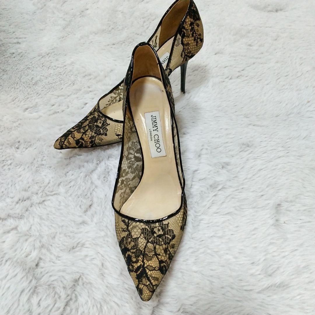 JIMMY CHOO 39．5　レース　ブラック　ポインテッドトゥ　パンプス