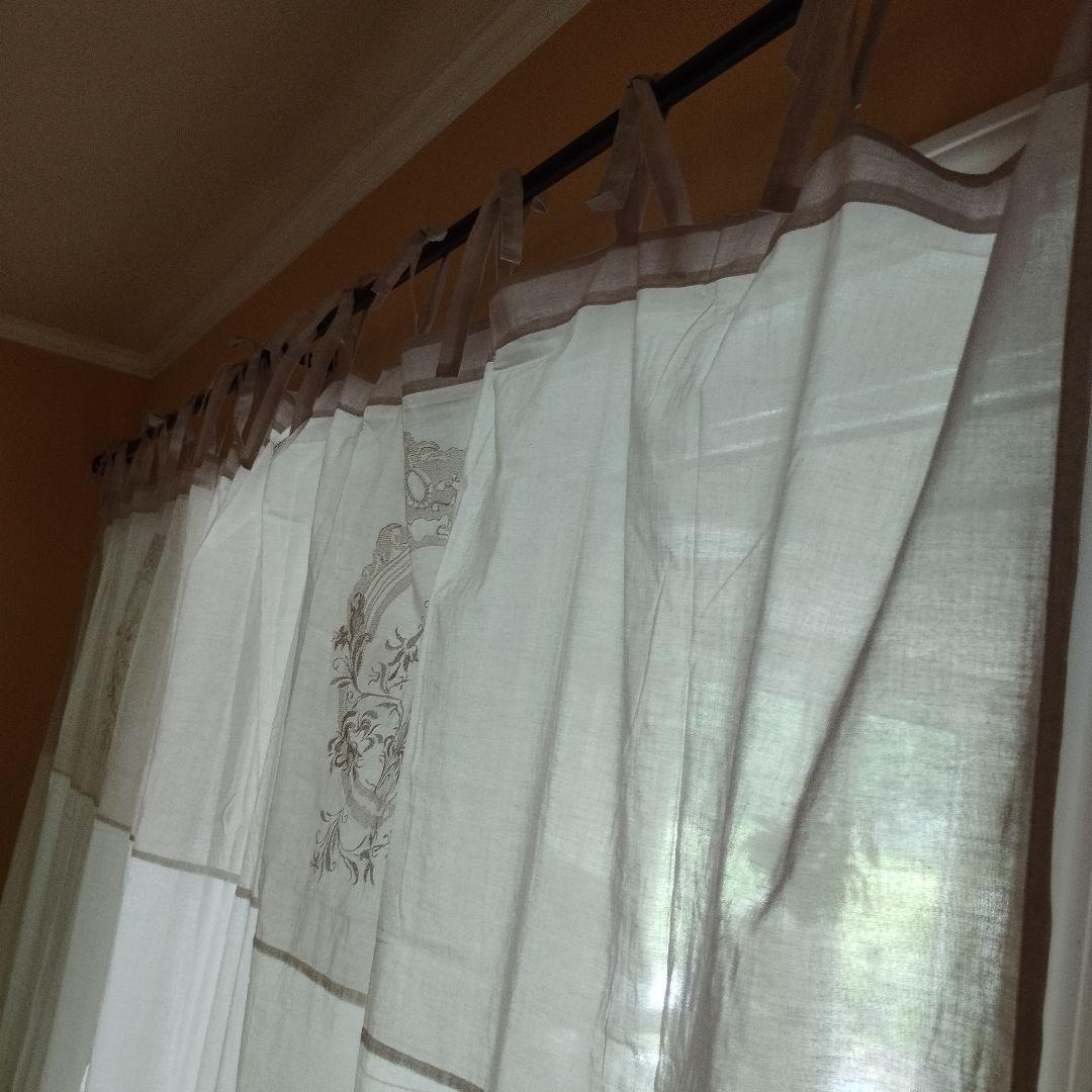 フレンチシック　ふんわりコットン　グレー×白　紐結カーテン　ペアカーテン　2枚