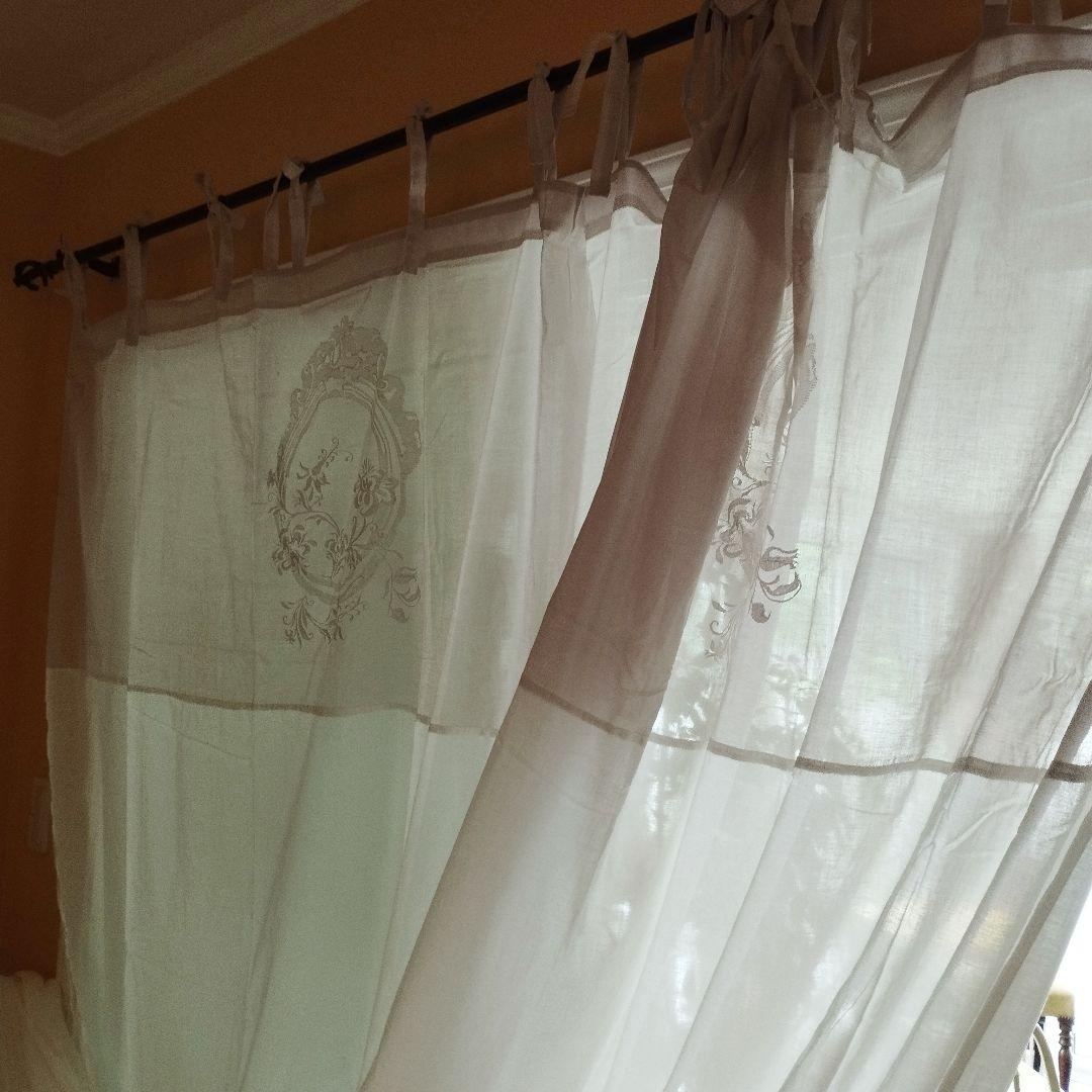 フレンチシック　ふんわりコットン　グレー×白　紐結カーテン　ペアカーテン　2枚