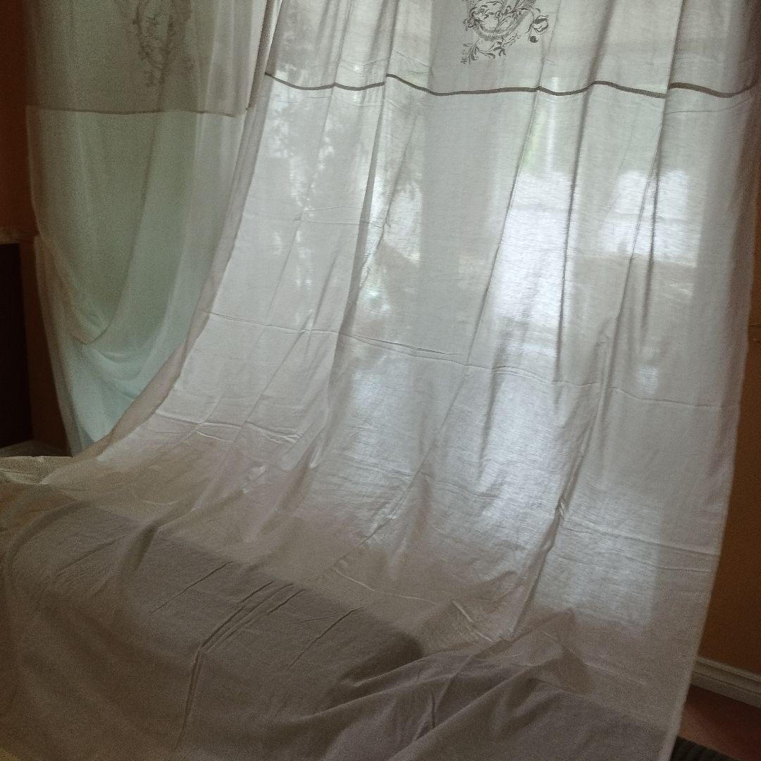 フレンチシック　ふんわりコットン　グレー×白　紐結カーテン　ペアカーテン　2枚