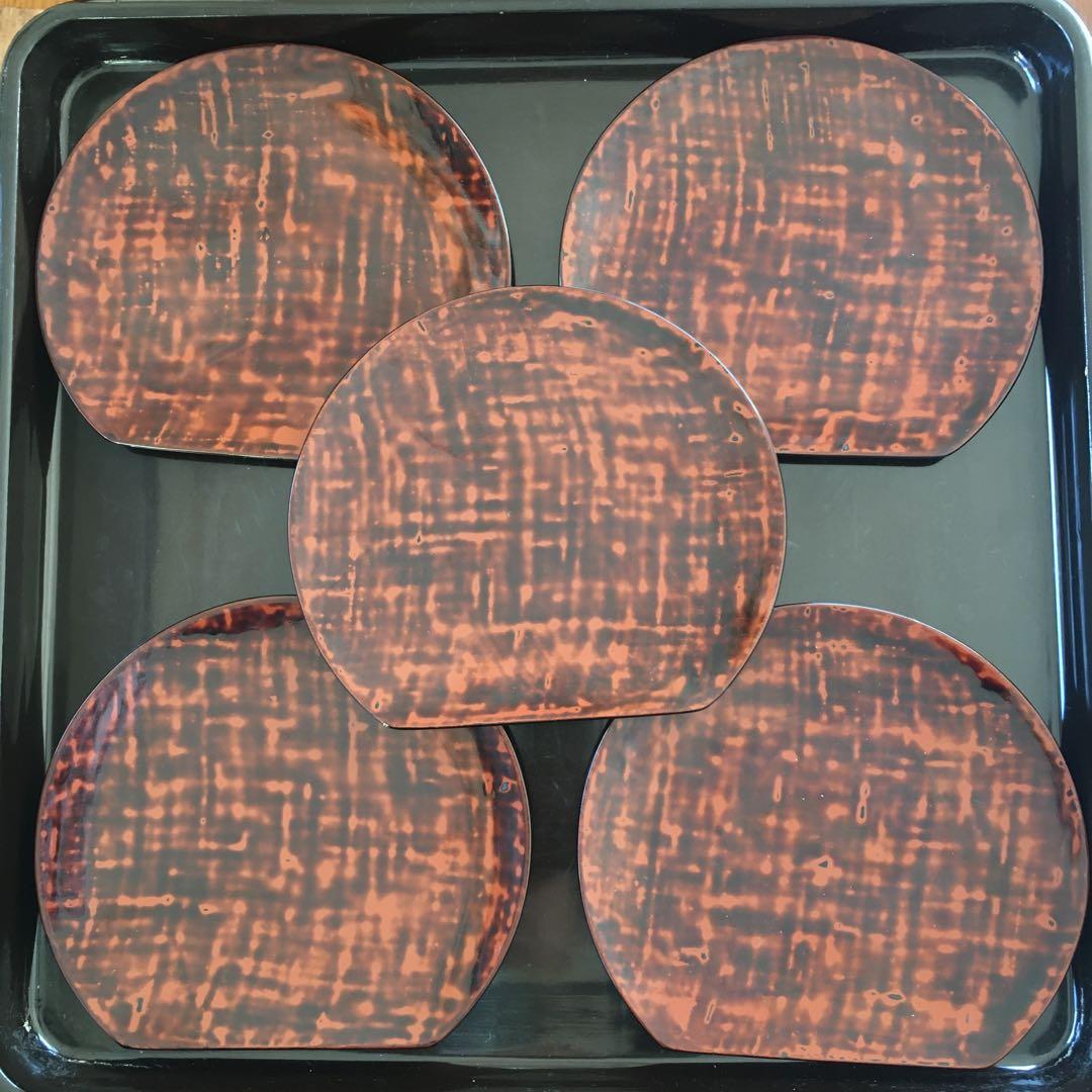 木製　輪島塗　布目金溜塗　半月皿　中皿　銘々皿　菓子皿　五客セット