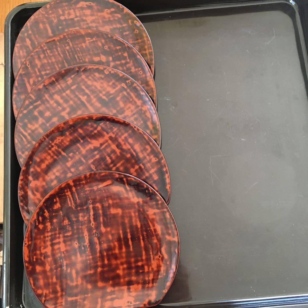 木製　輪島塗　布目金溜塗　半月皿　中皿　銘々皿　菓子皿　五客セット