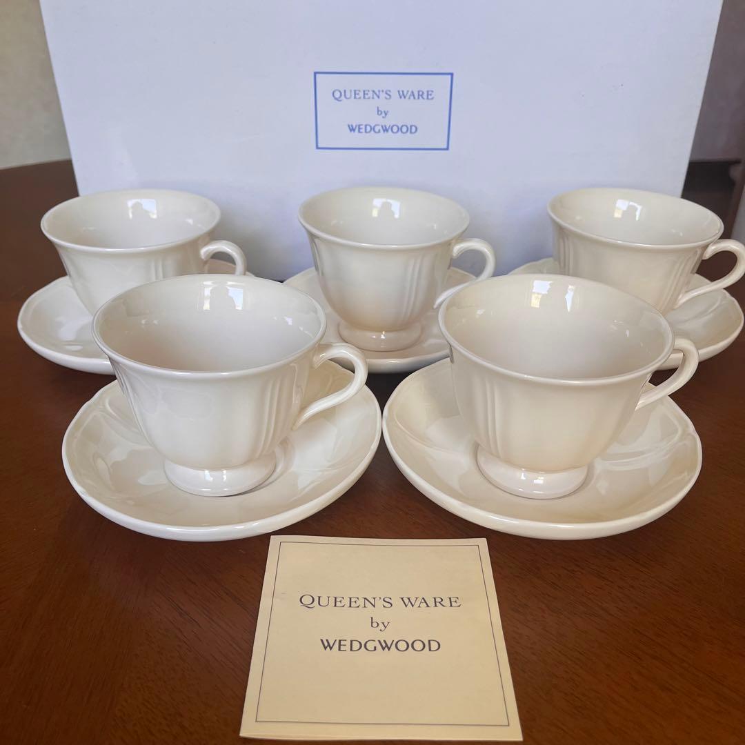 【黒壺美品】ウェッジウッド★クイーンズプレーン★花リムC/S 5客