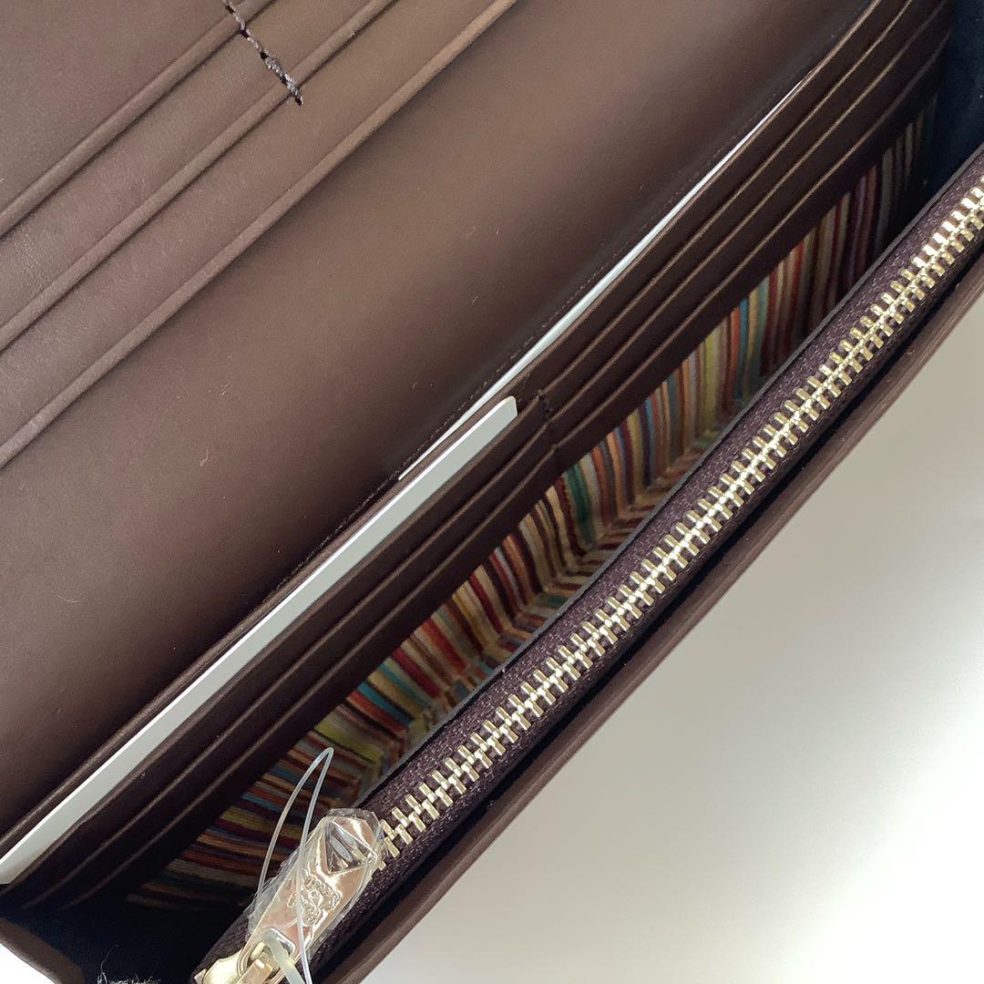 新品★ポールスミス★ベジタンストライプトリムかぶせ長財布★ダークブラウン茶