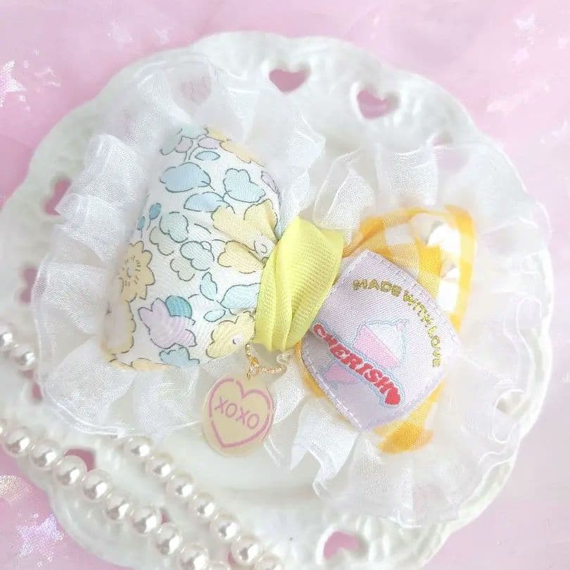 ノゾミ様ハンドメイド♡リバティ×ギンガムチェックオーガンジーフリルポニー黄色