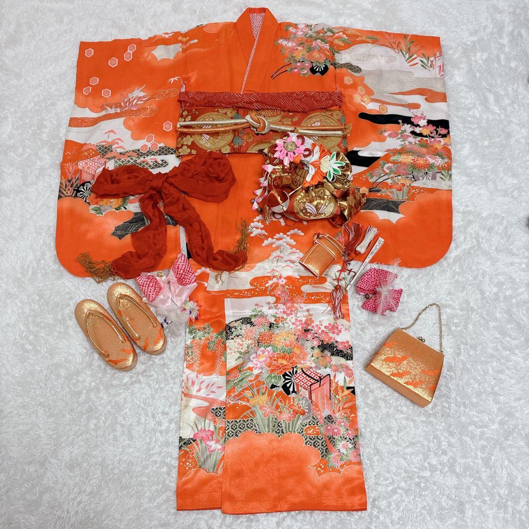 七五三 女の子 着物 セット 7歳用 花柄 はこせこ 草履 帯　バッグ　浴衣