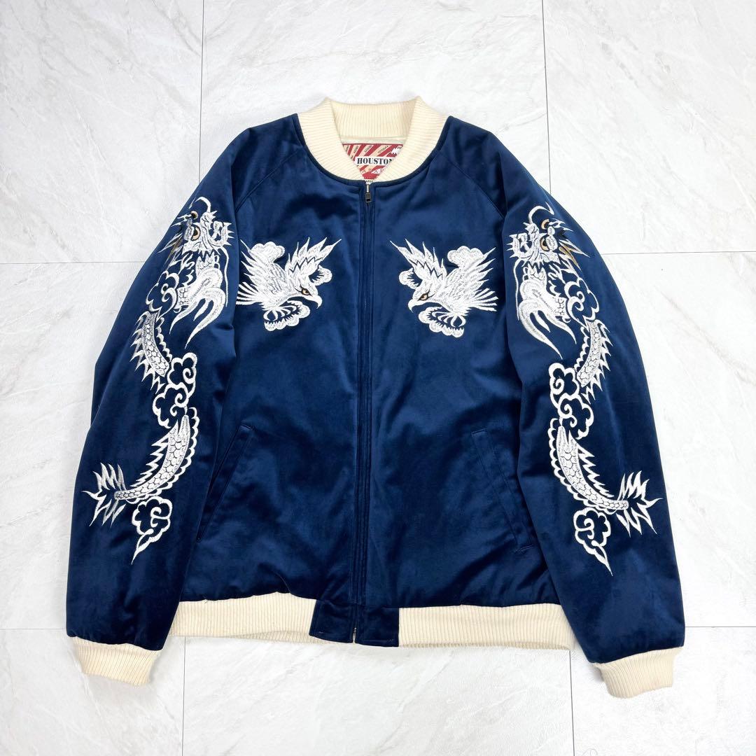 Houston スカジャン 別珍 龍 鳥 ベロア 刺繍 L ネイビー