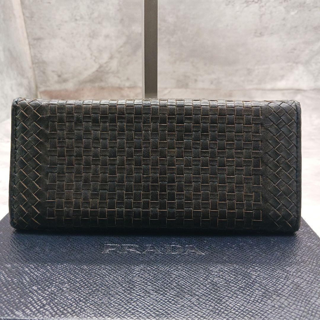 ✨美品✨ プラダ マドラス 編み込み 三角ロゴ レザー Wホック フラップ長財布