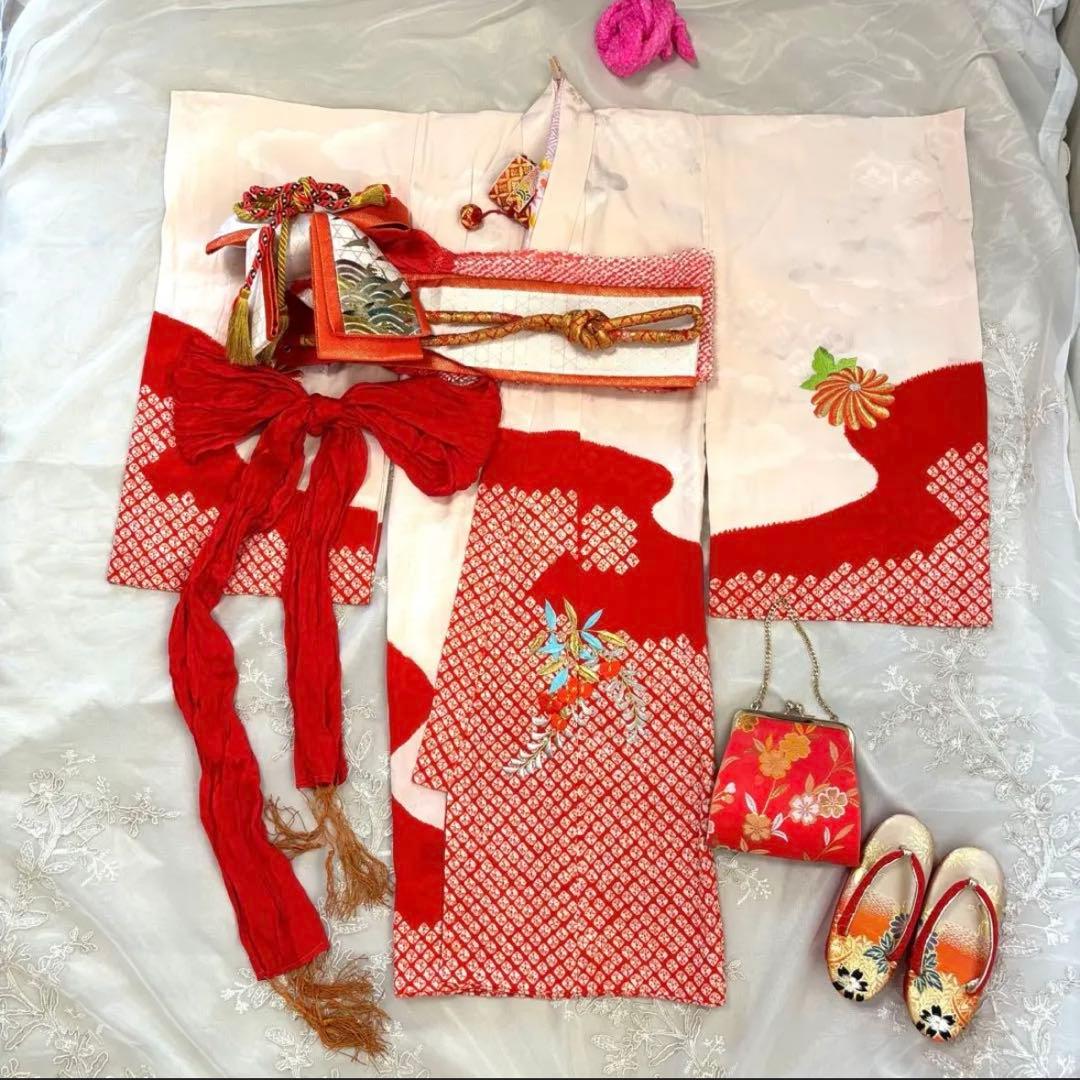 【高級】お宮参り 七五三 3歳 着物セット 紅白 金駒刺繍 絞り