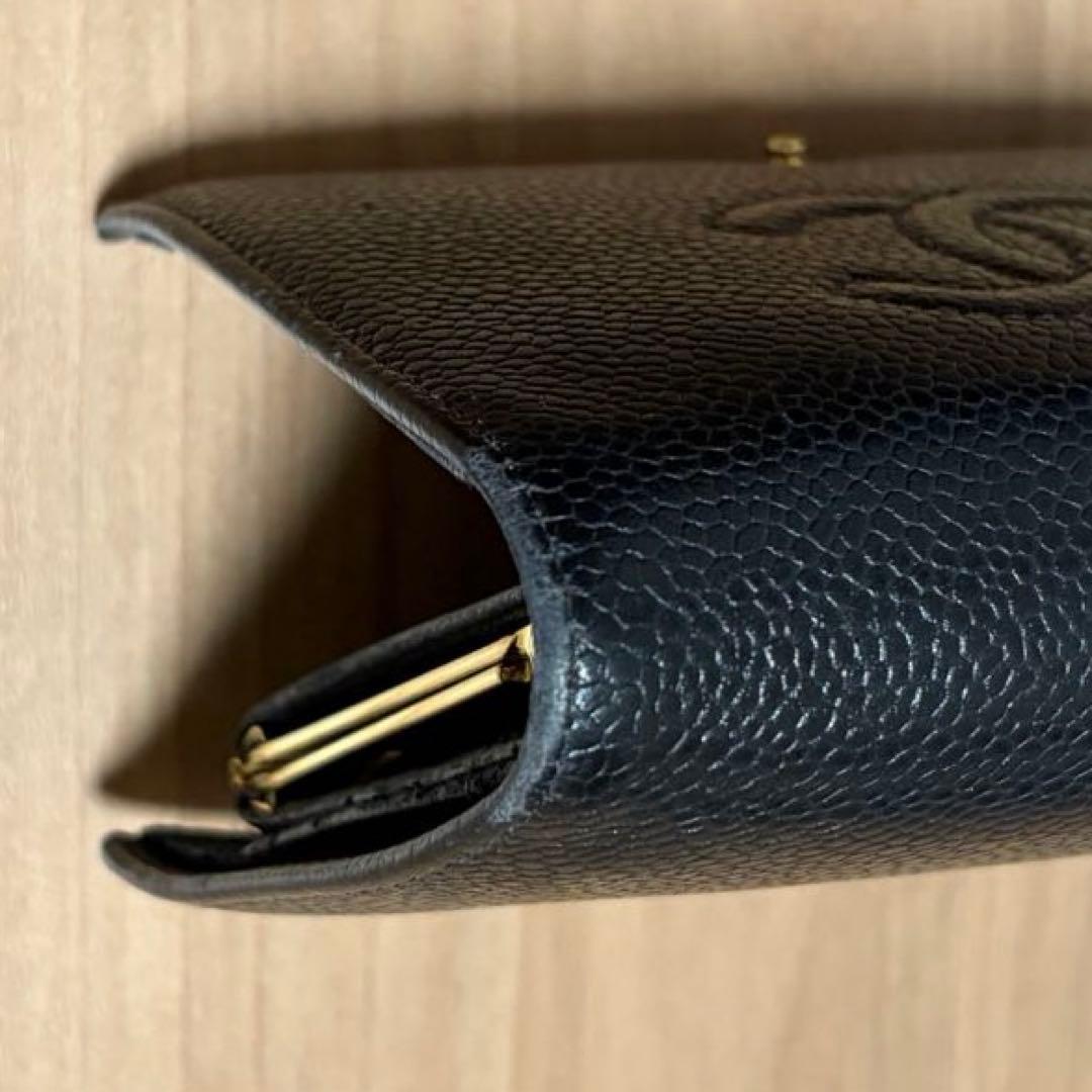 CHANEL シャネル キャビアスキン ココマーク がま口二つ折り財布 ブラック