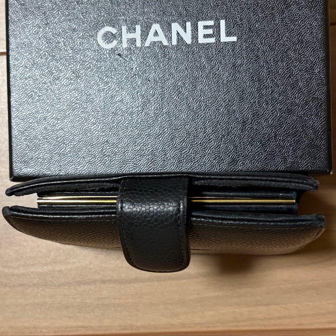 CHANEL シャネル キャビアスキン ココマーク がま口二つ折り財布 ブラック