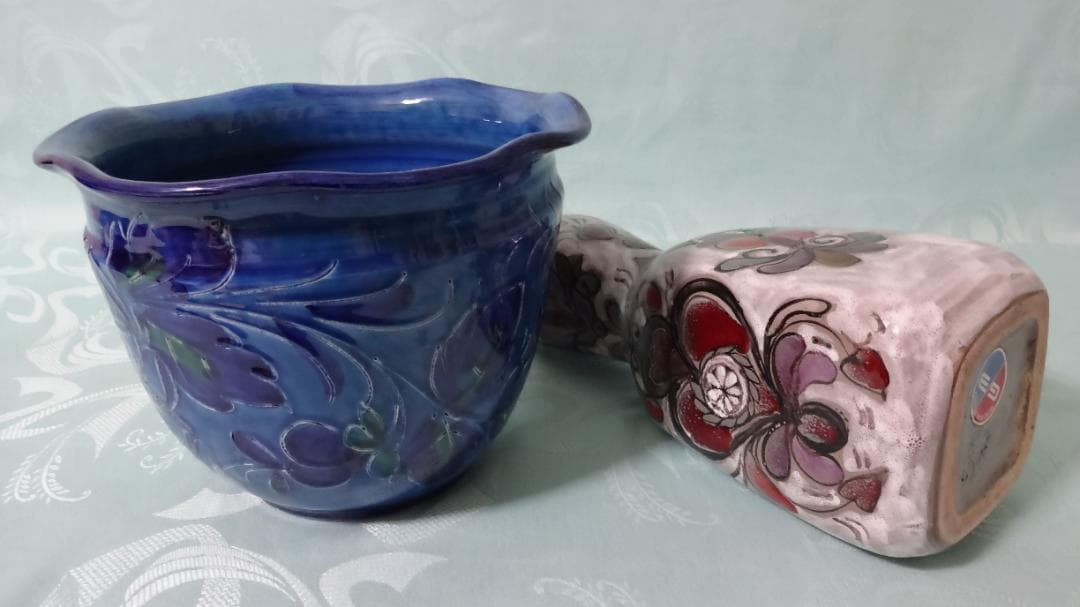 稀少 レア 1点物 イタリア製 HAND MADE サイン付花瓶　藍色鉢カバー