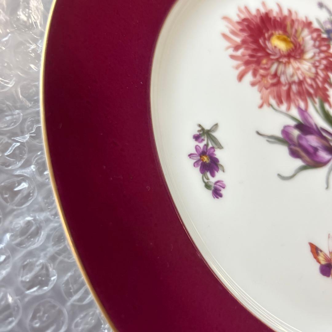 アンティーク高級食器　KPM 7種花　蝶々　赤皿