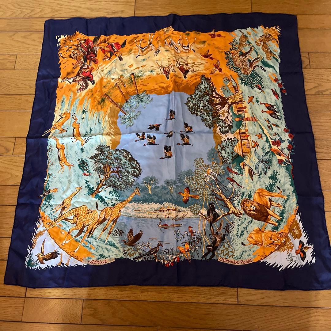 シルク100%アフリカ動物デザイン スカーフ 90cm エルメス