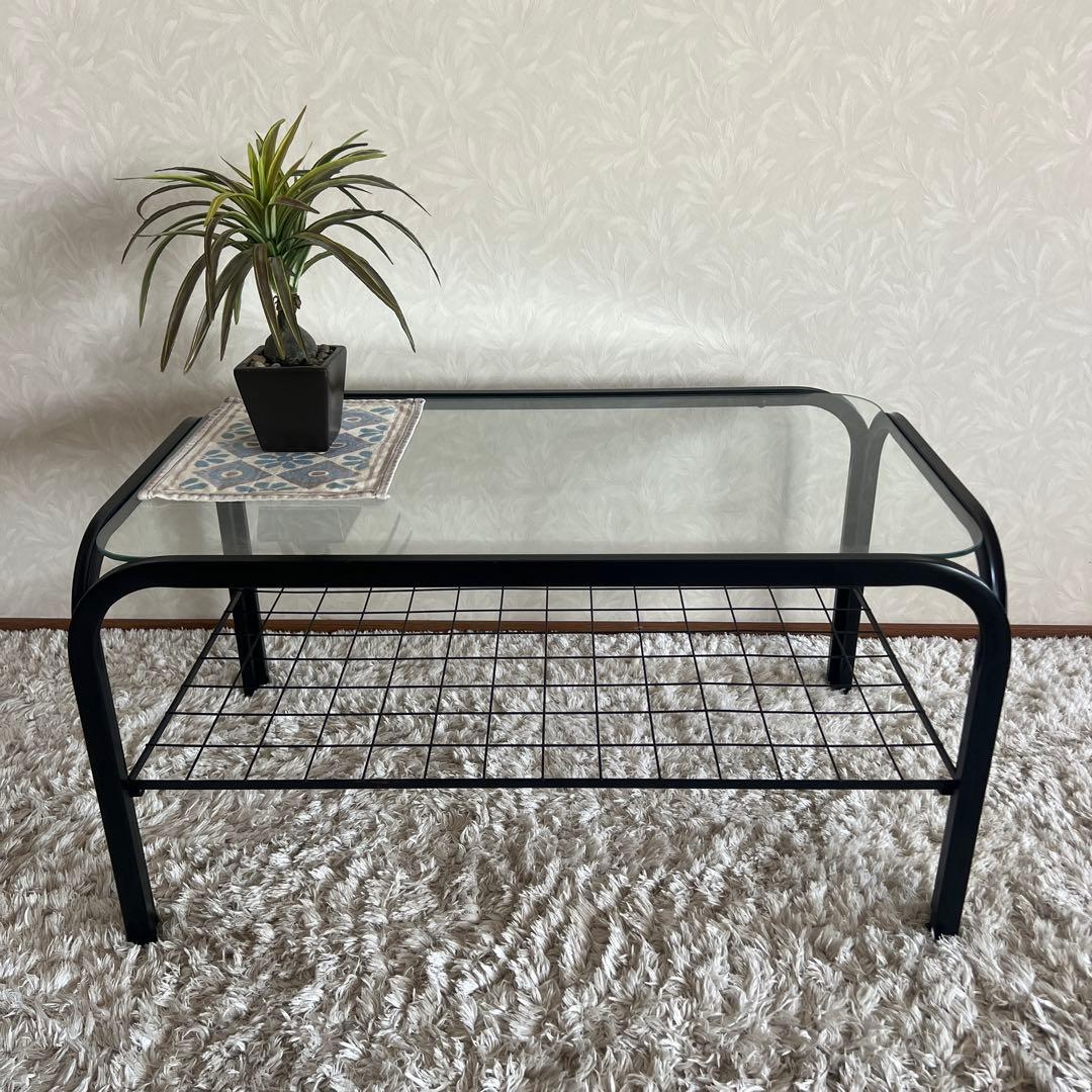 80's 90s アイアンフレーム 長方形 ガラスローテーブル 昭和レトロ