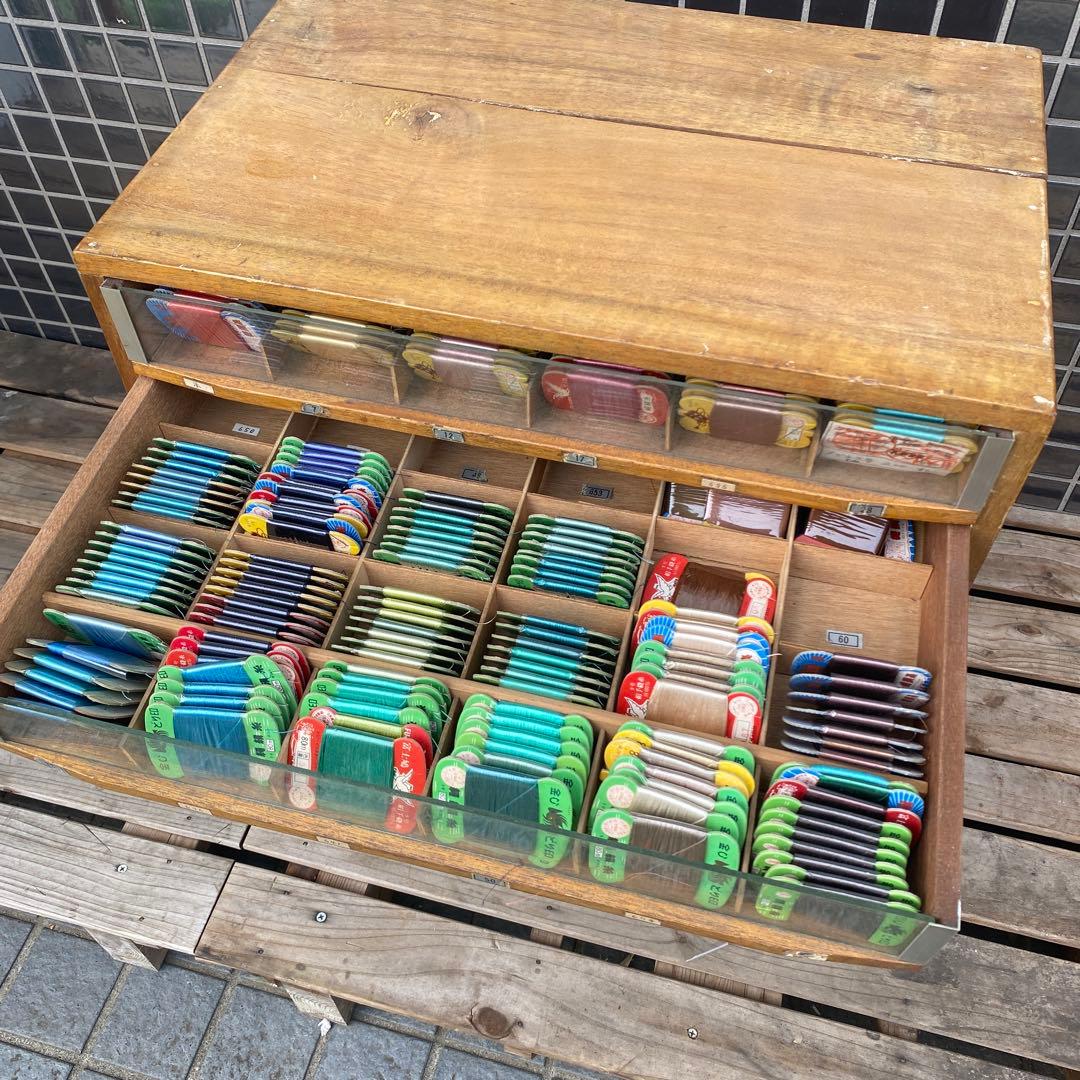 昭和レトロ 金しどり印絹糸 店舗什器 ショーケース 木製 古家具 糸大量