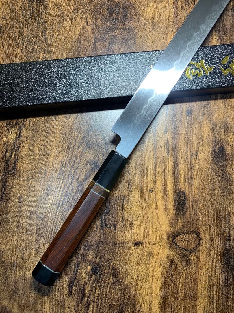 白木作　蛸引 先丸　本焼　白鋼　鏡面　尺一　包丁　アイアンウッド水牛銀巻柄