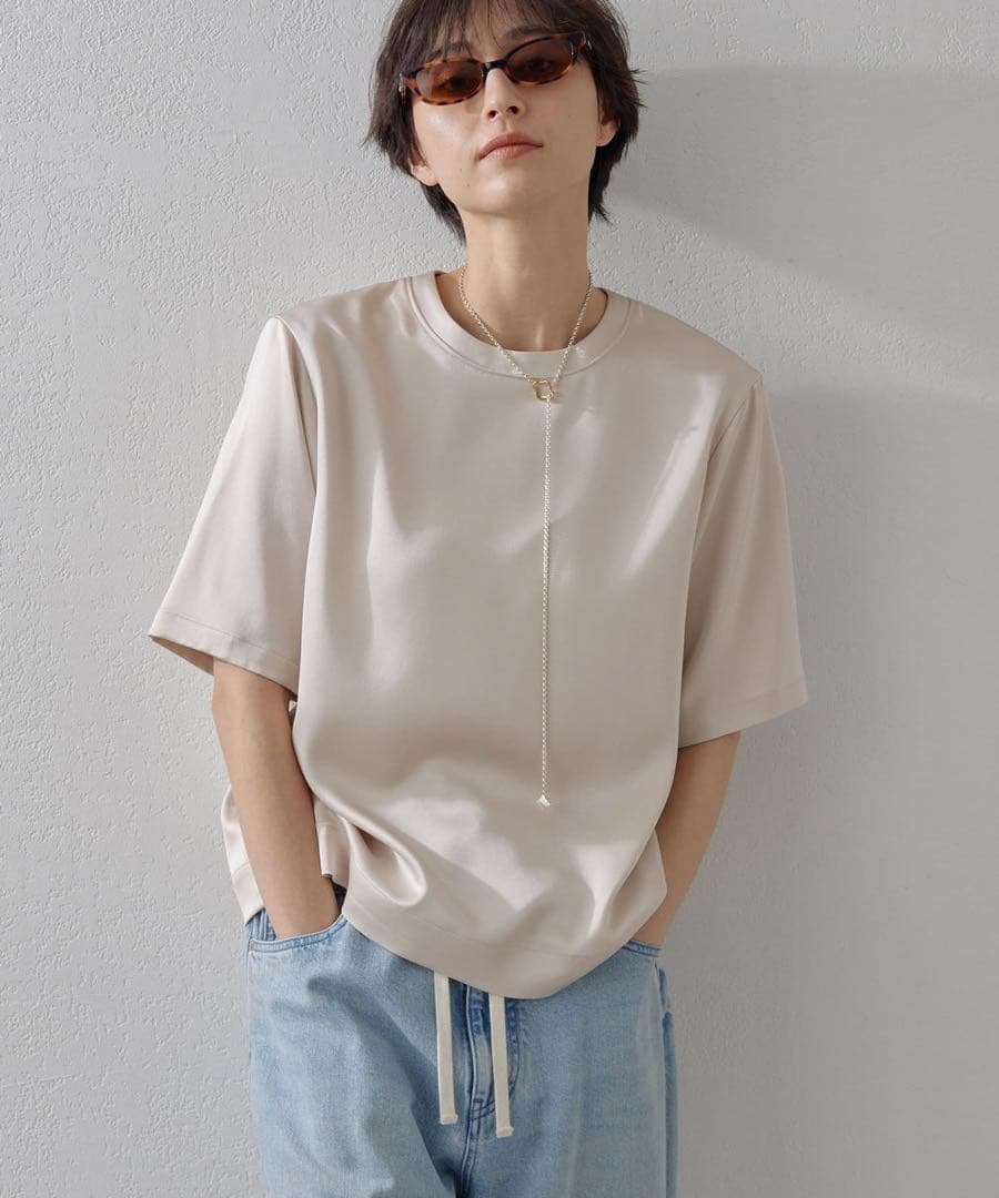 【美品】Whim Gazette ウィムガゼット／サテンTEEブラウス ベージュ