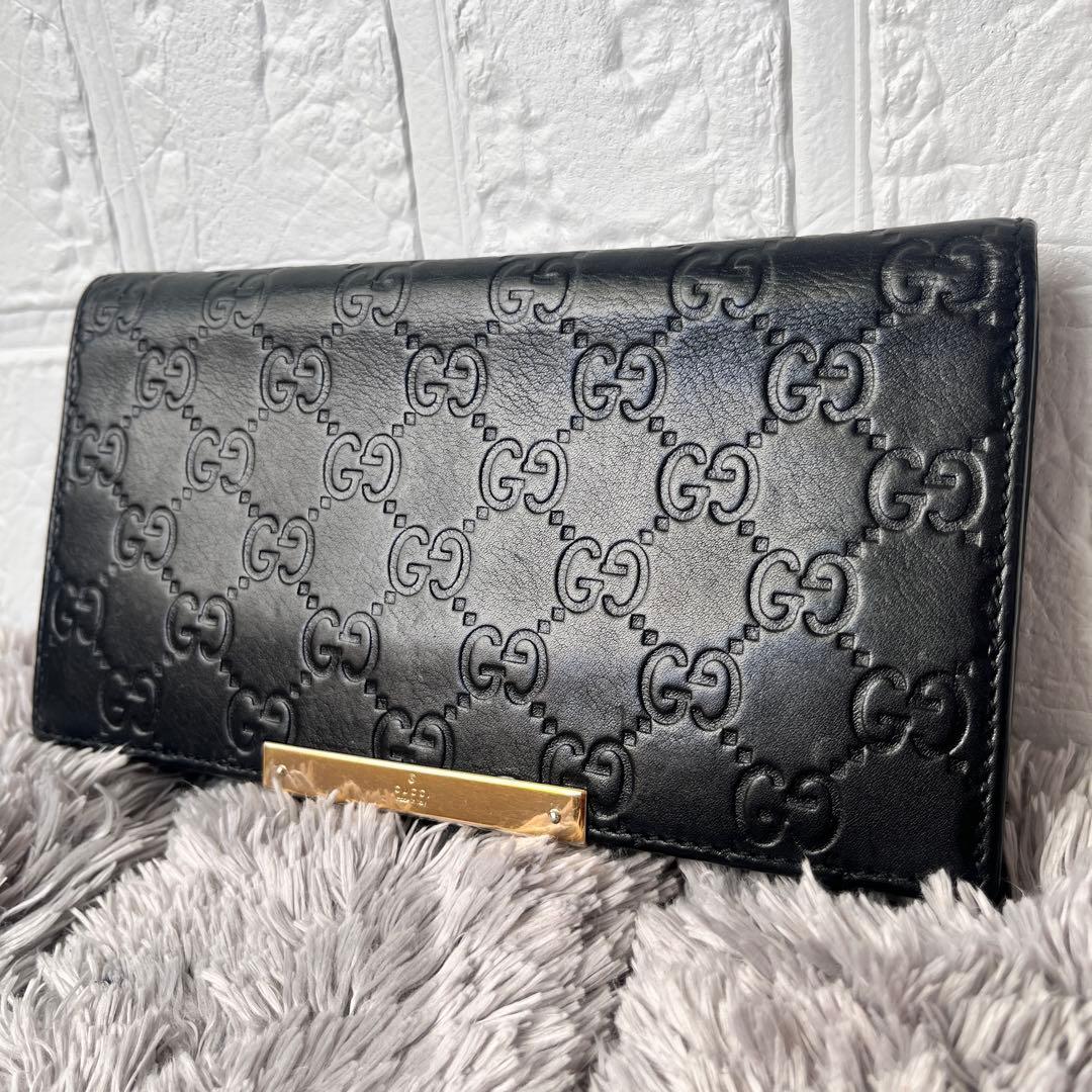 美品✨GUCCI シマ　ロゴプレート　ブラック　メンズ　レザー　長財布