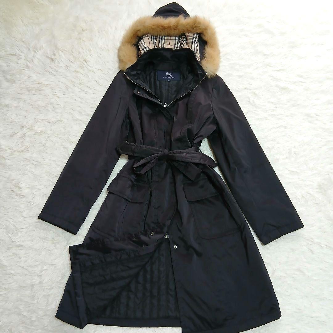 【BURBERRY】フードノバチェック　ベルト付　ロングコート　大きいサイズ46