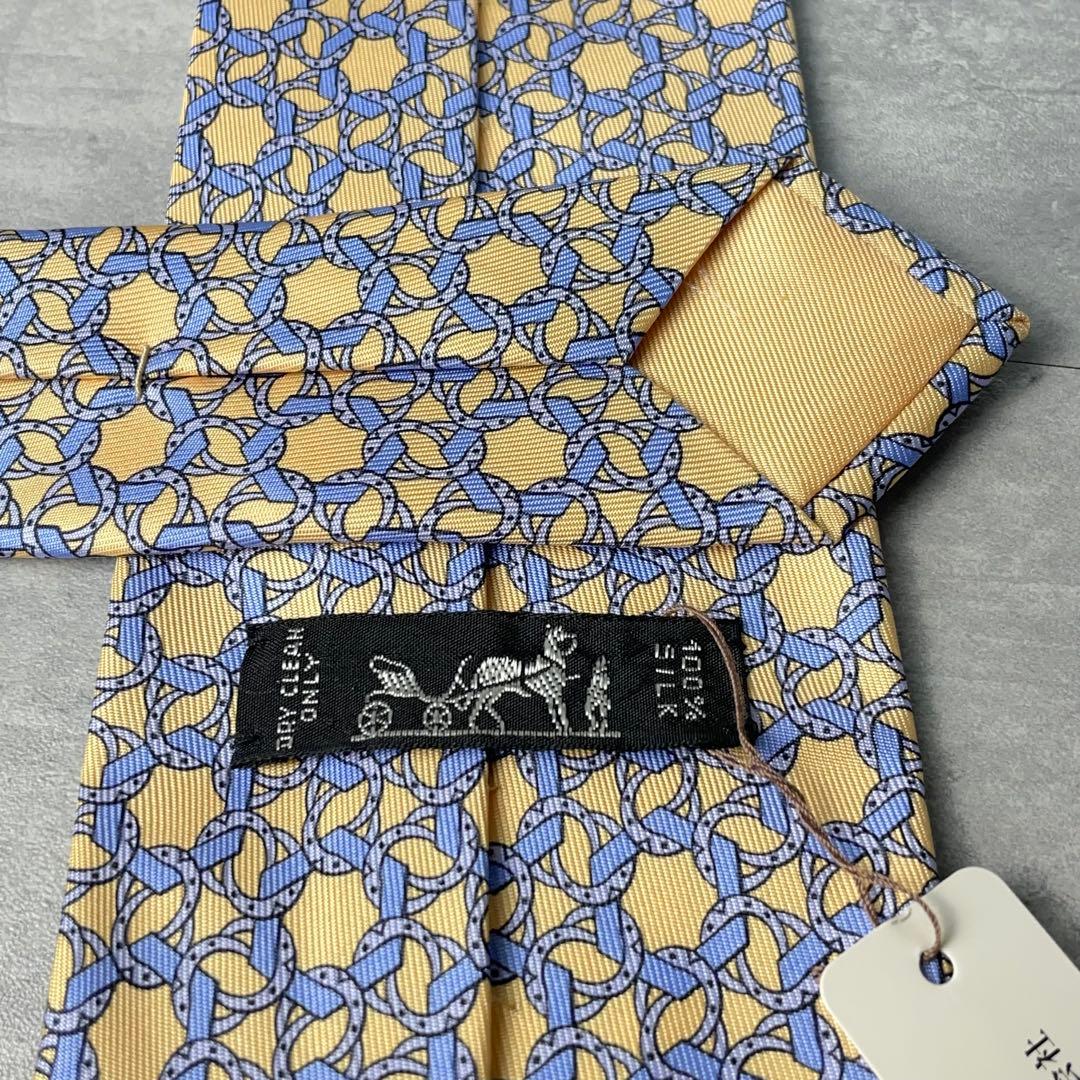 美品 HERMES エルメス リング 多角形 総柄 ネクタイ イエロー 水色
