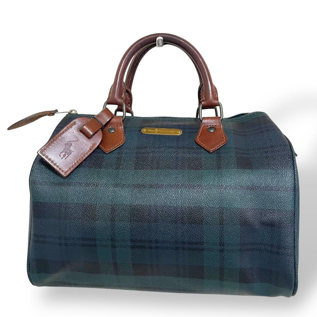 美品 ポロラルフローレン ハンドバッグ ミニボストン グリーン チェック