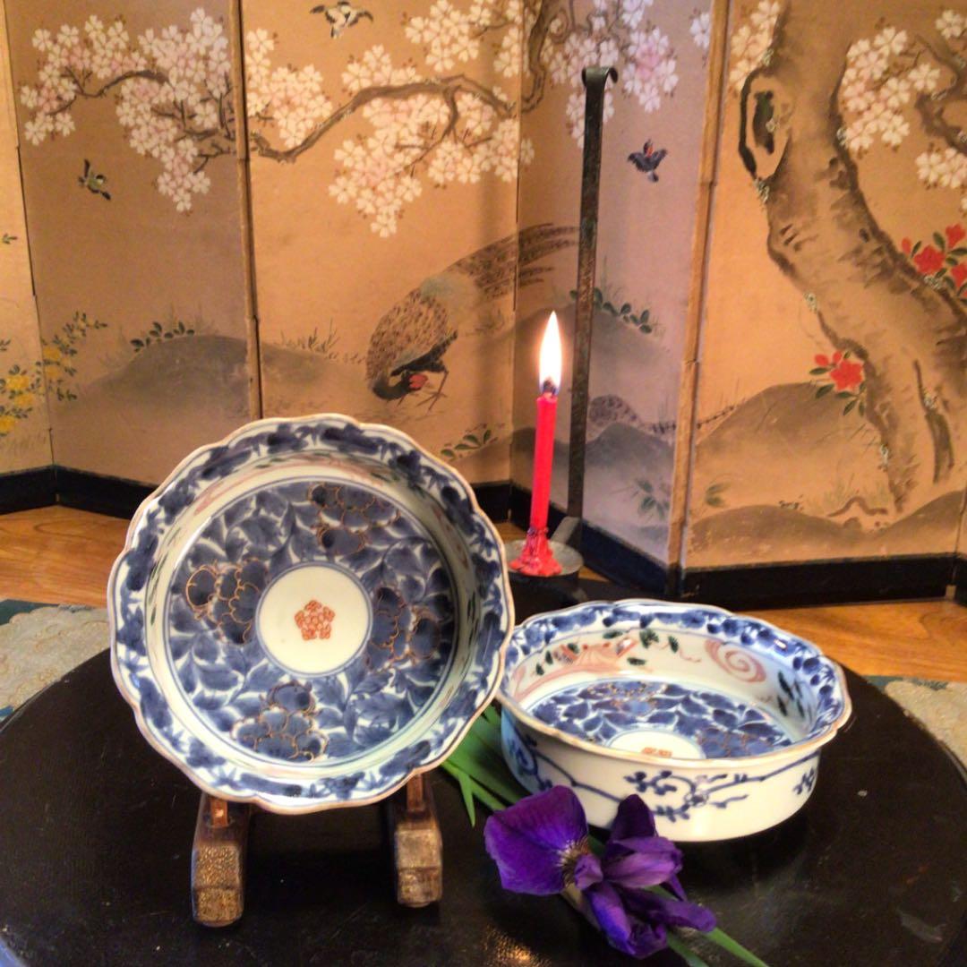 A523 古伊万里　染め錦手　五弁花　牡丹唐草　流水貝紋様　輪花形　鉢　2客