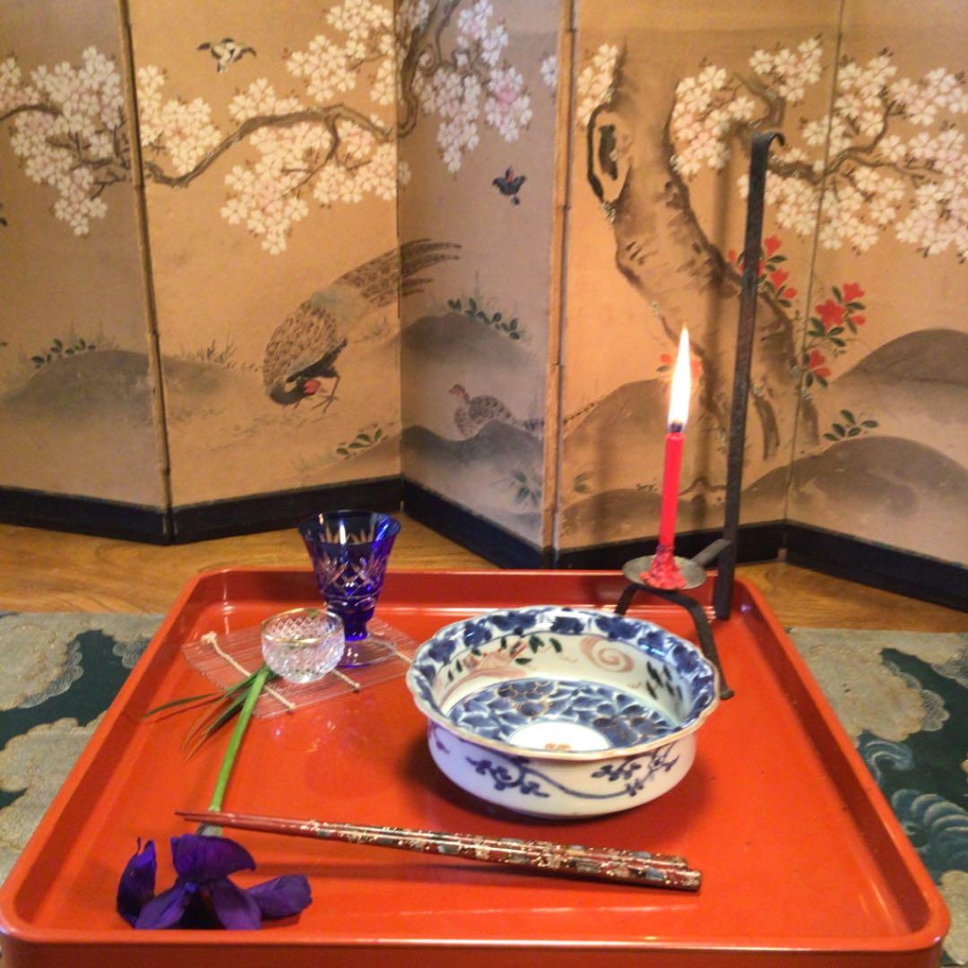 A523 古伊万里　染め錦手　五弁花　牡丹唐草　流水貝紋様　輪花形　鉢　2客