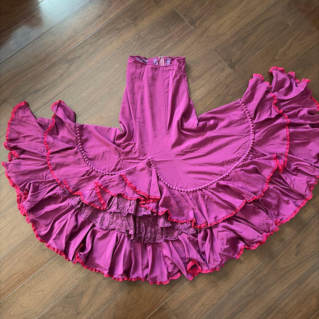 SONIA JOHNES ワイン×濃ピンクレース　フラメンコ衣装