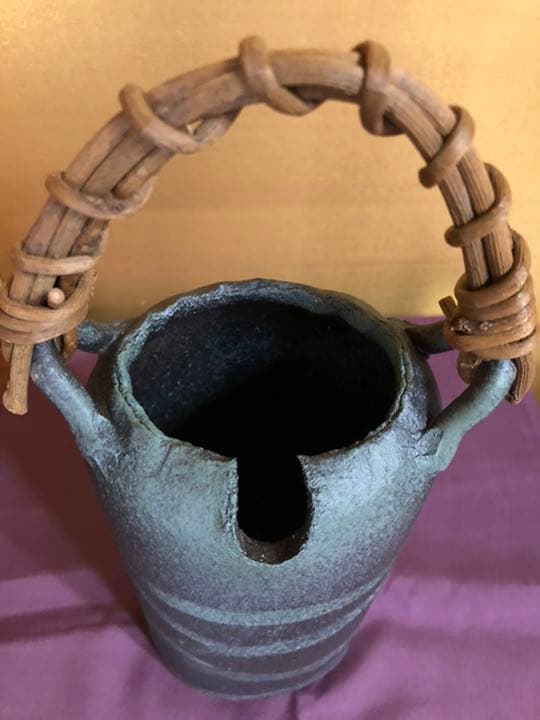 緑彩くし文つる付花生　花器　花入