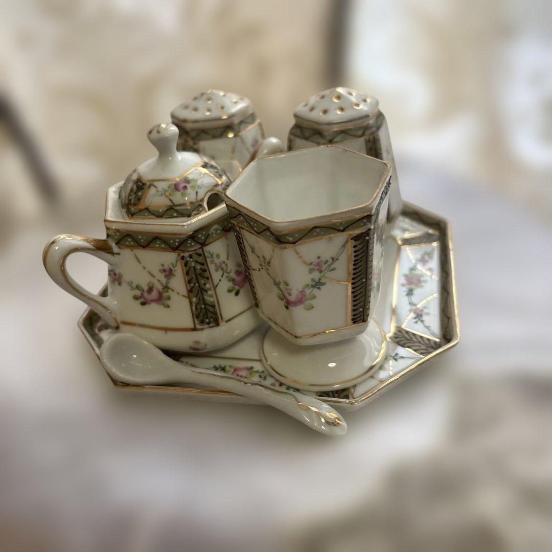 超貴重オールドノリタケ食卓セットトレースプーン付き入れ物つまようじ入れ塩胡椒