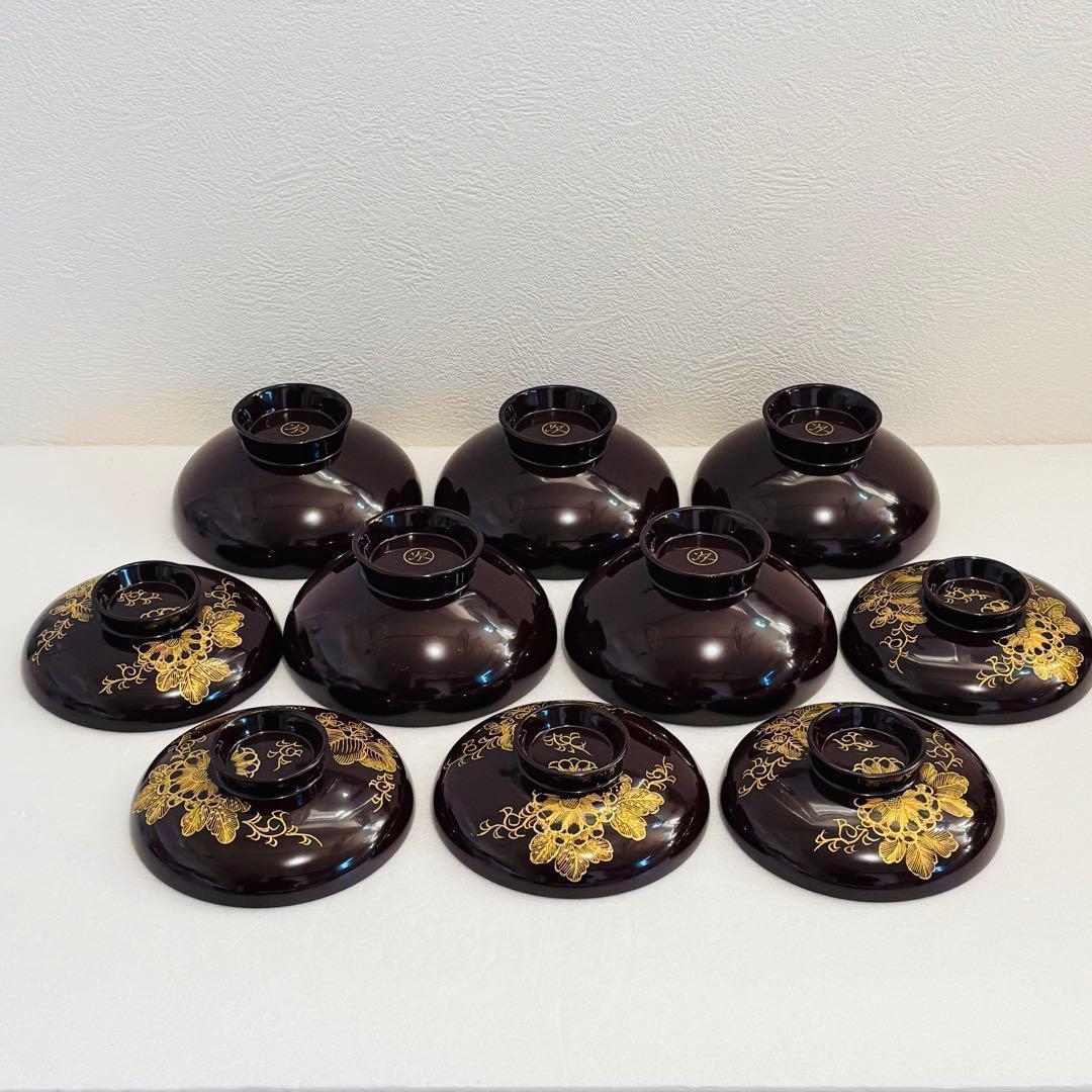 ⭐️ 川連漆器 天然木漆器 沈金 唐草牡丹彫蒔絵 蓋付き椀揃5客【未使用品】⭐️