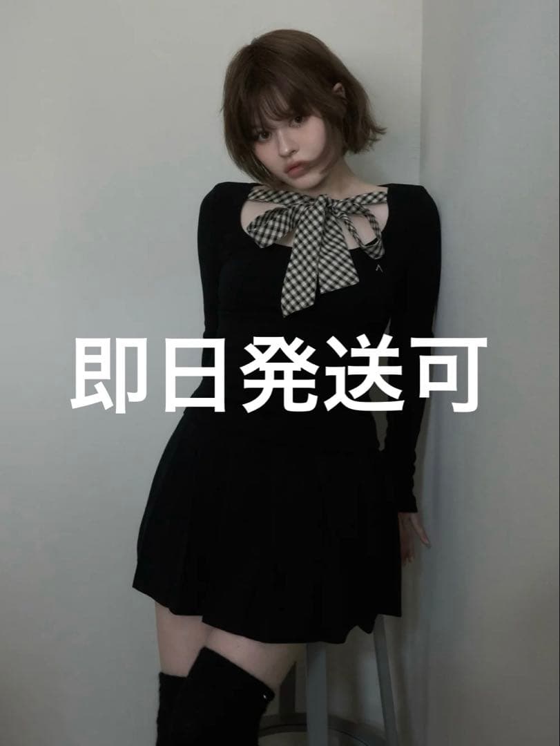 トップス andmary Ami ribbon check tops black