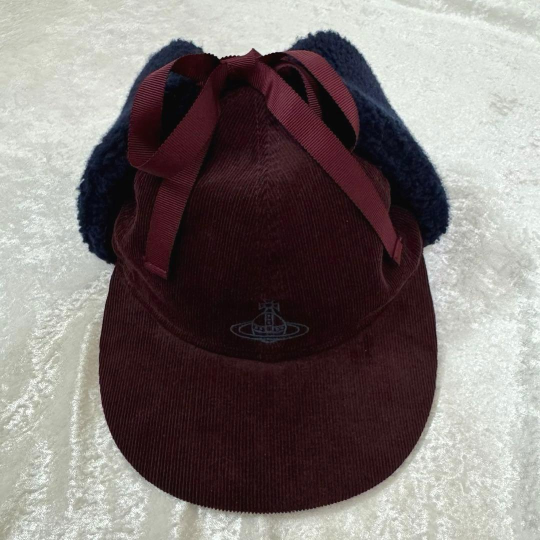 Vivienne Westwoodコーデュロイ×ボアフラップキャップダークレッド