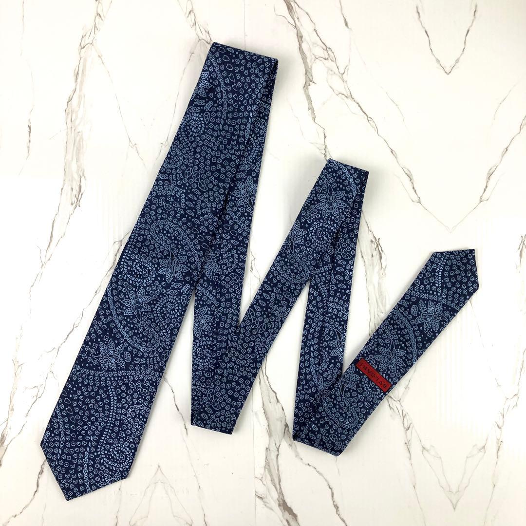 未使用級　ブルガリ　ネクタイ　ペイズリー柄　セッテピエゲ　ジャガード　ネイビー