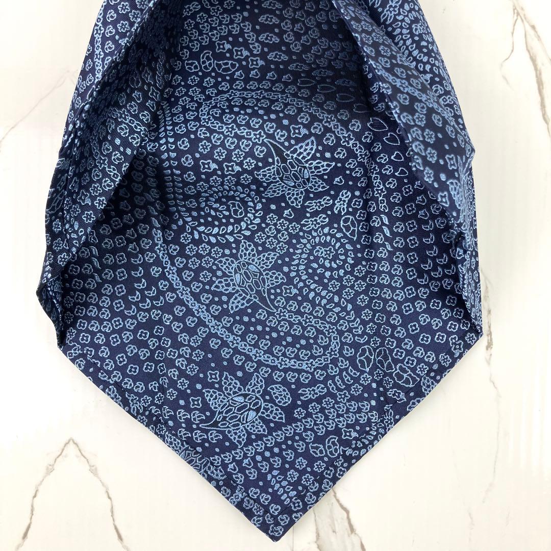 未使用級　ブルガリ　ネクタイ　ペイズリー柄　セッテピエゲ　ジャガード　ネイビー