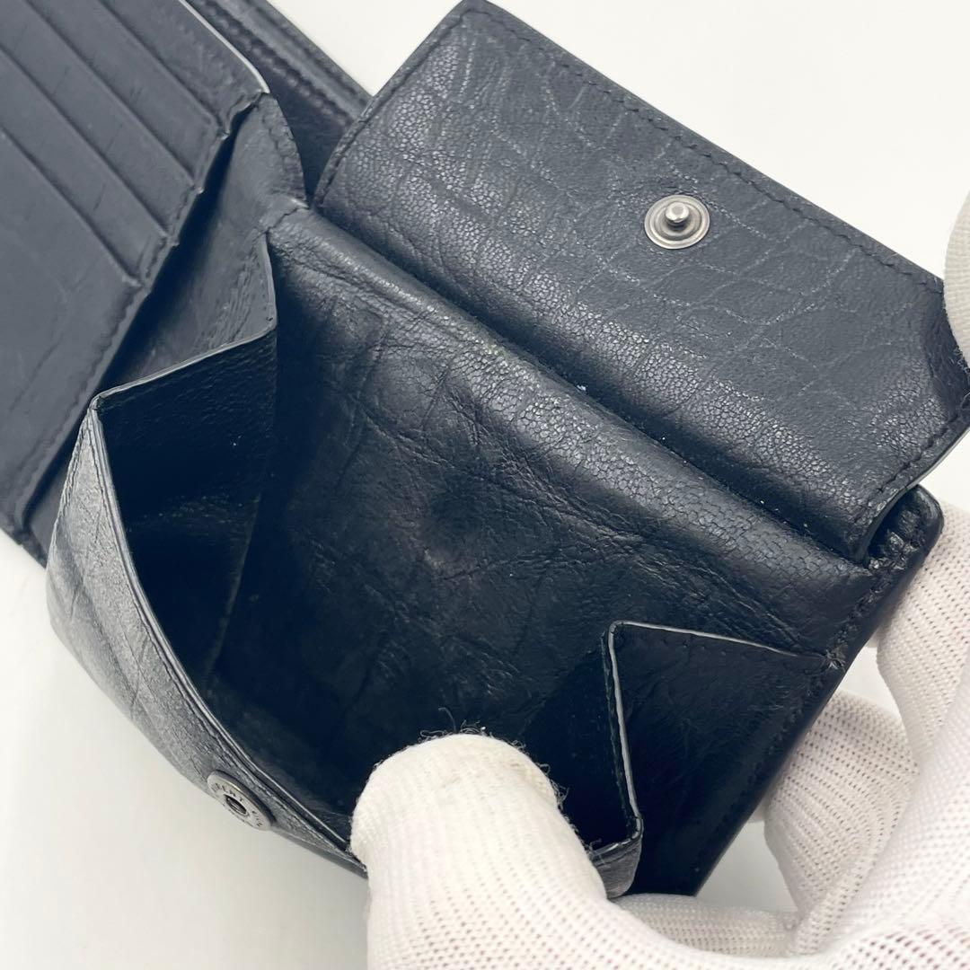 【美品】 SAINT LAURENT 折り財布 クロコ型押し YSL金具 黒