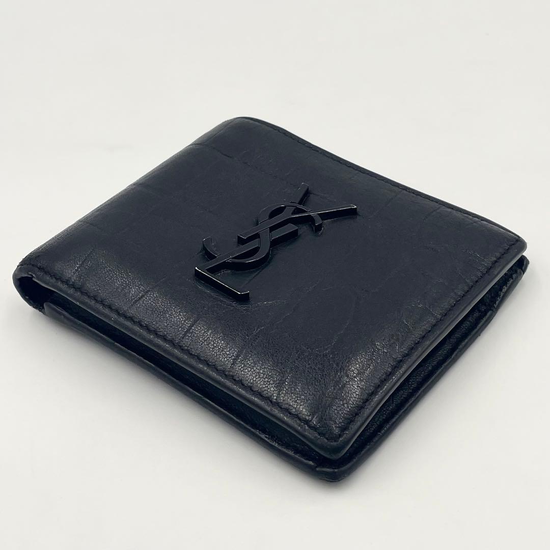 【美品】 SAINT LAURENT 折り財布 クロコ型押し YSL金具 黒