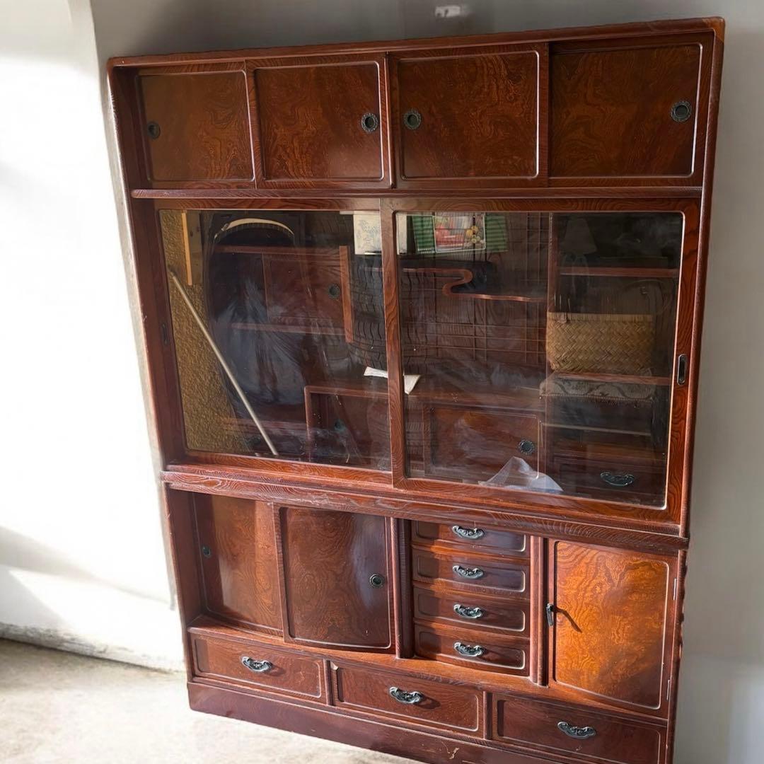 和茶箪笥　和茶タンス　高級　和家具　日本製　アンティーク　昭和レトロ　ガラス戸