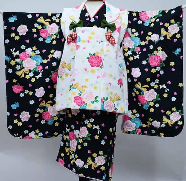 七五三 三歳 女児 被布着物フルセット 黒色×白色 祝着 お仕立て無料