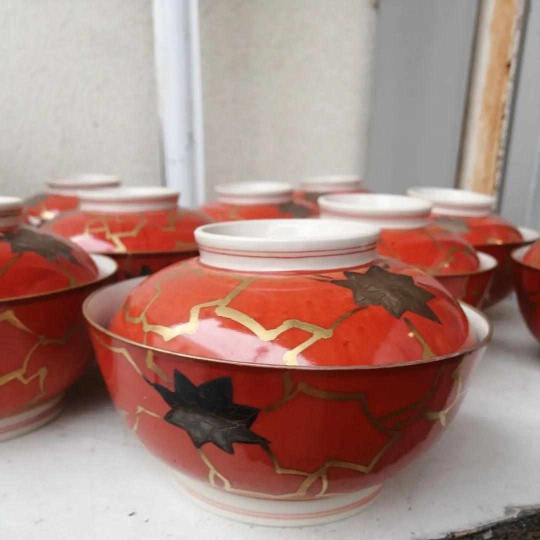 骨董　蓋物　煮物 蓋付茶碗　在銘　高麗赤絵　10客　木箱　会席膳　懐石料理