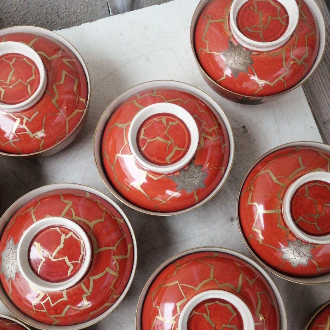 骨董　蓋物　煮物 蓋付茶碗　在銘　高麗赤絵　10客　木箱　会席膳　懐石料理