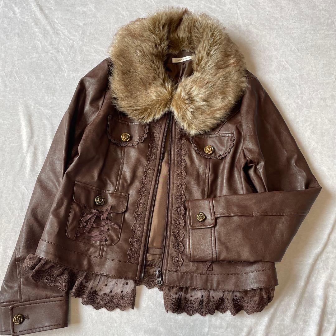 アクシーズファム　y2k ギャル　フリル　ブラウン　レザー　ショートジャケット