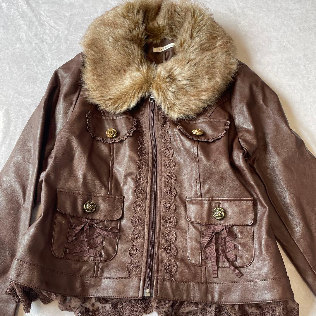 アクシーズファム　y2k ギャル　フリル　ブラウン　レザー　ショートジャケット